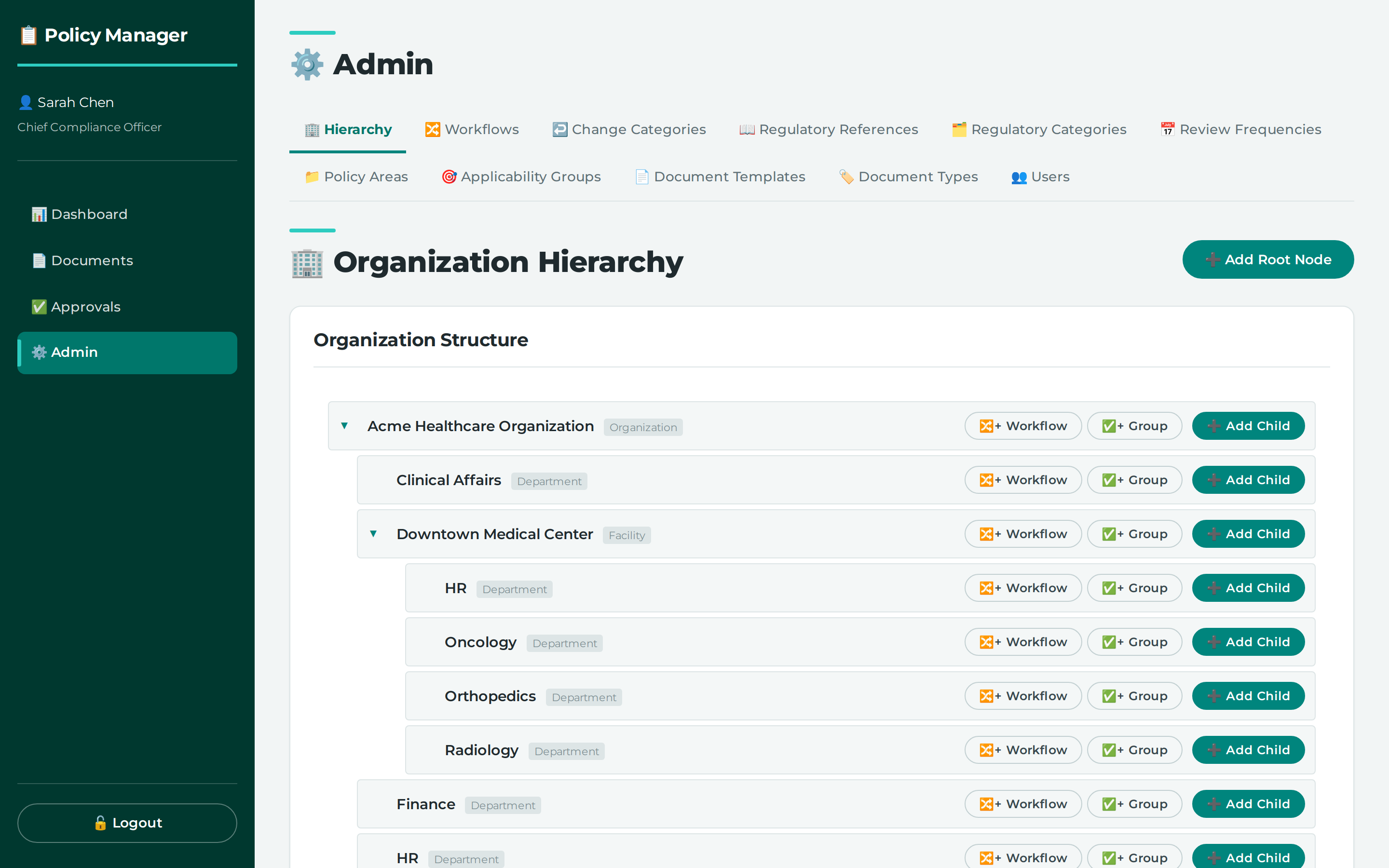 The hierarchy screen manages nodes and levels; the nesting rules themselves are not editable here