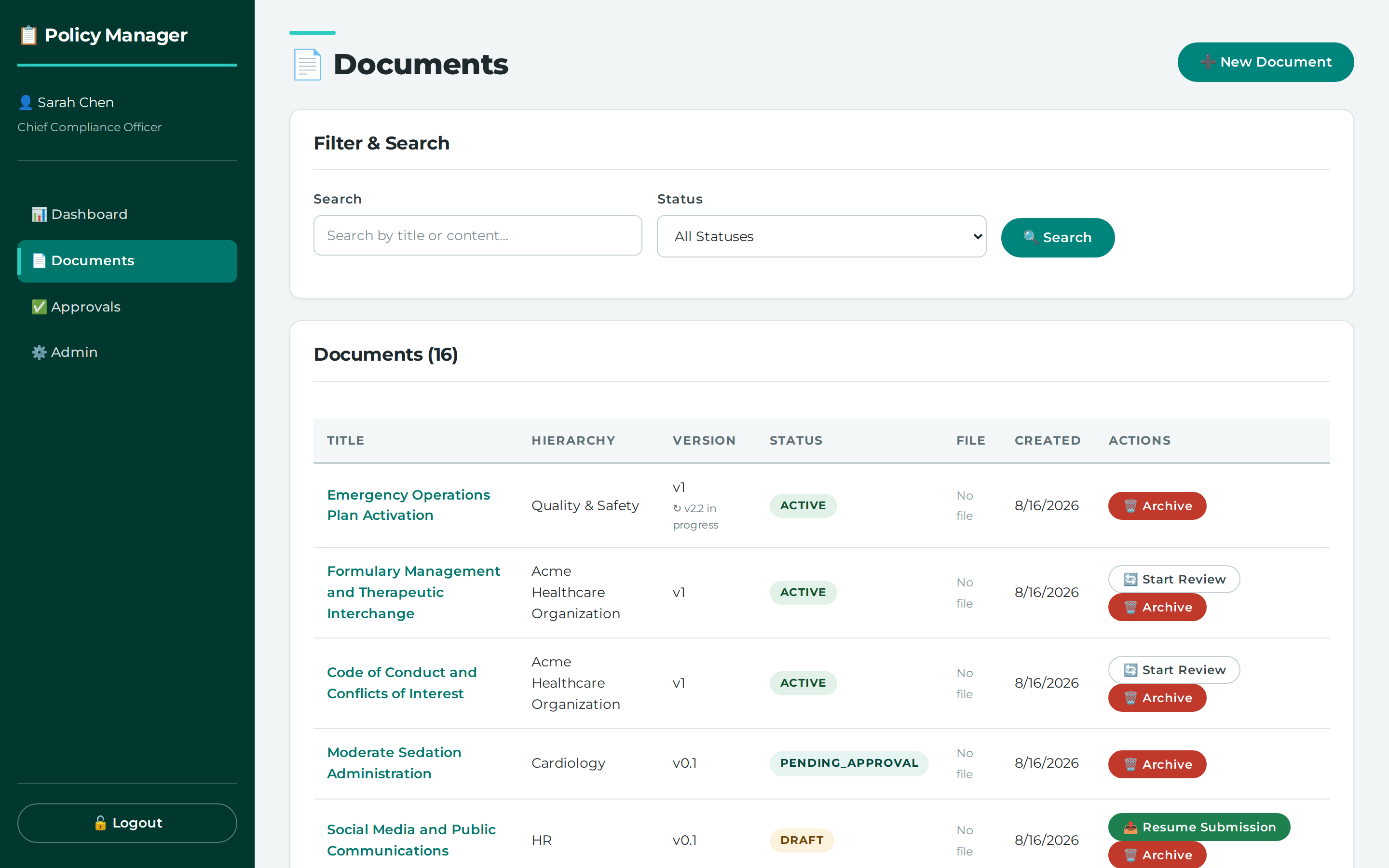 The document list is the way in to any policy's history