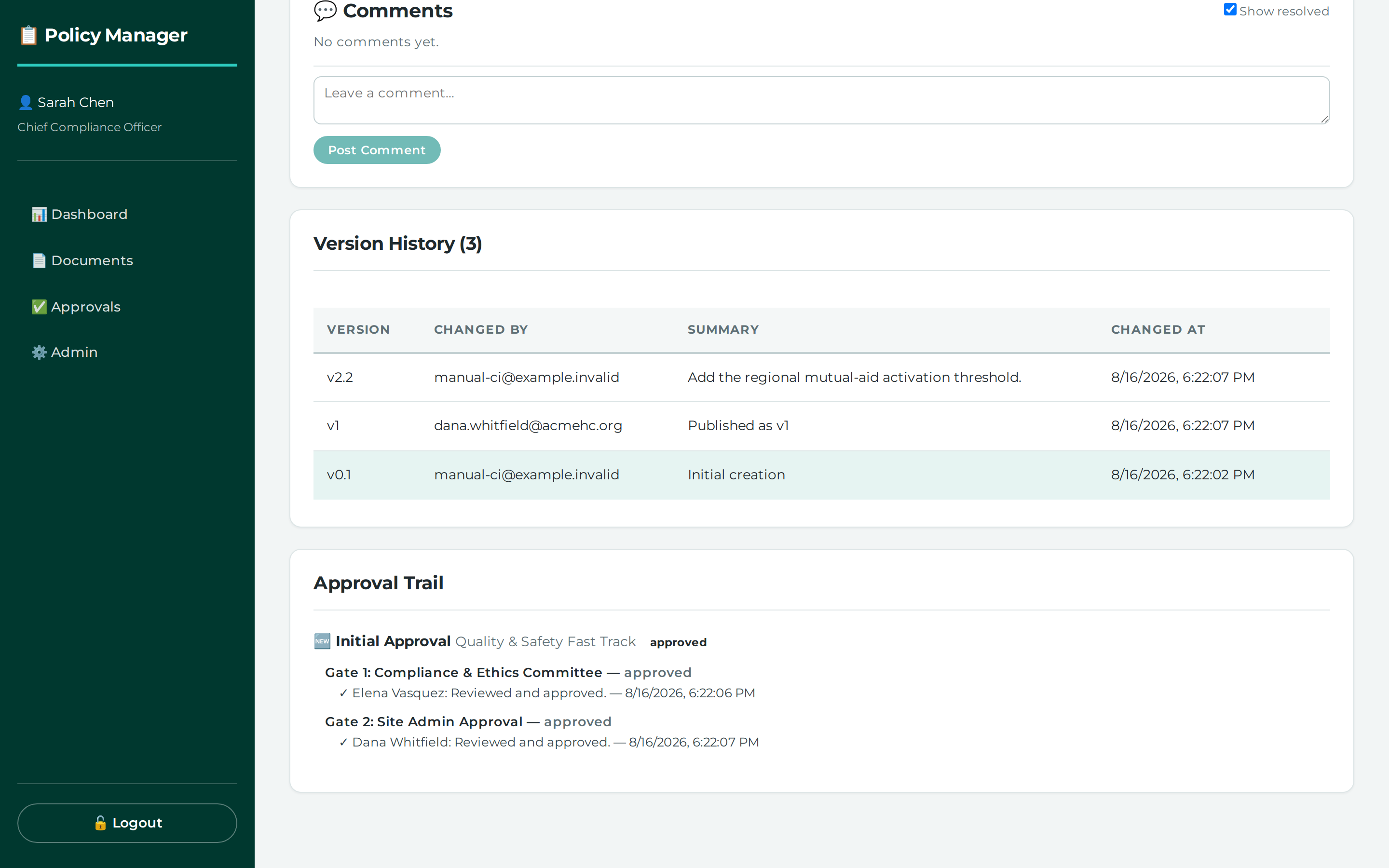 The approval trail records each gate, each cycle and who acted